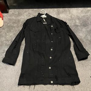 Black lightweight longline distressed denim jacket, arms are cropped. Womens M